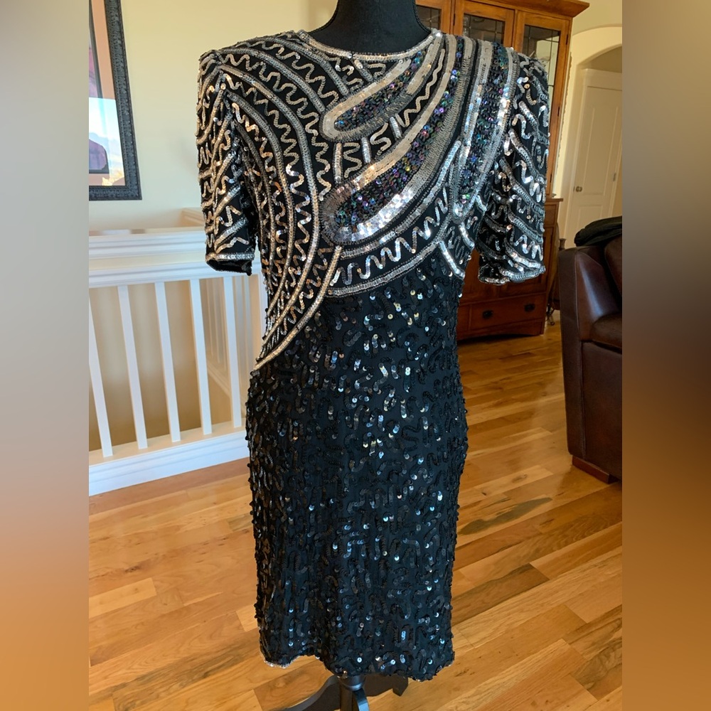 Laurence Kazar Vintage Black and Silver Sequin Long Sleeve Dress